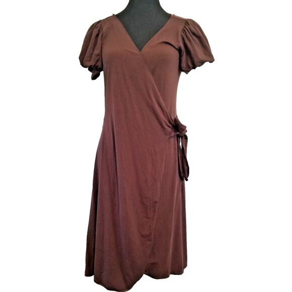 Max Studio Casual Career Brown Wrap Dress Puff Sleeves Knee Length Size M - Picture 1 of 7